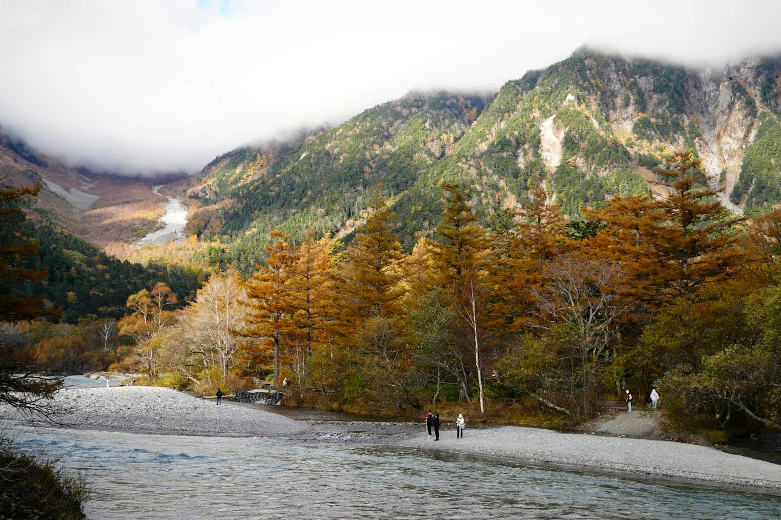 Autumn scenery in Kamikochi with mountain river and foliage in the Japanese Alps