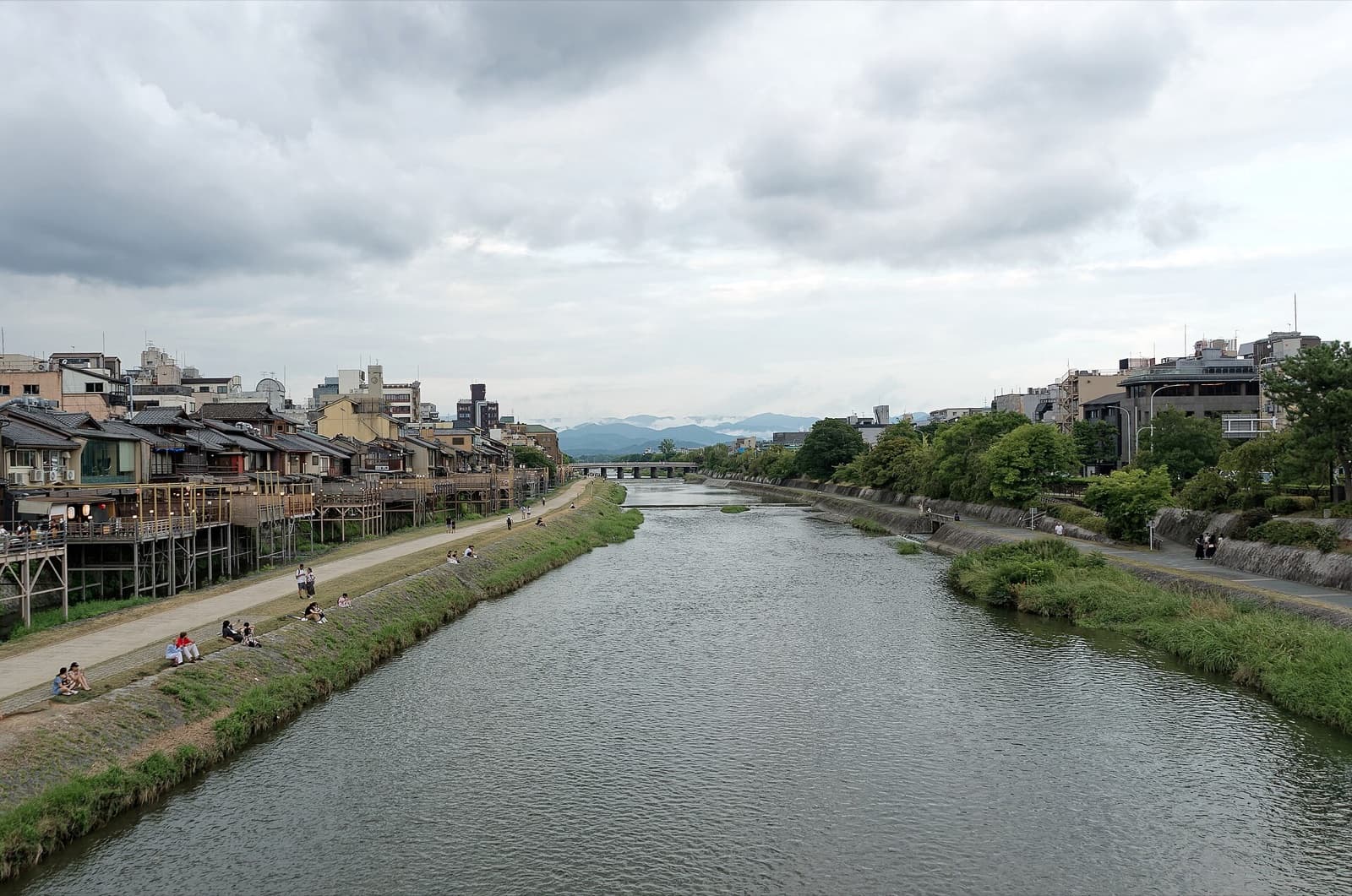 The Kamo River (Kamogawa) running through central Kyoto on a clear day