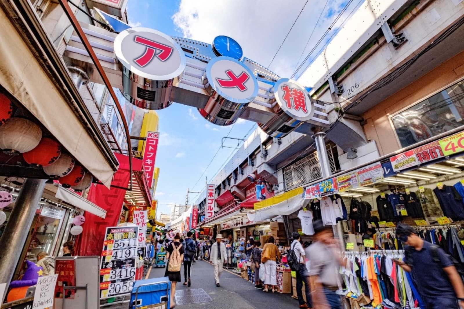 Crowds and bargain shops along the Ameyoko market street near Ueno, Tokyo