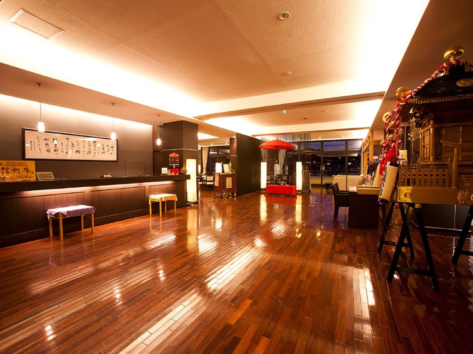 Lobby and reception of an onsen ryokan in Nagano, where accommodation and bathing taxes are collected at check-in