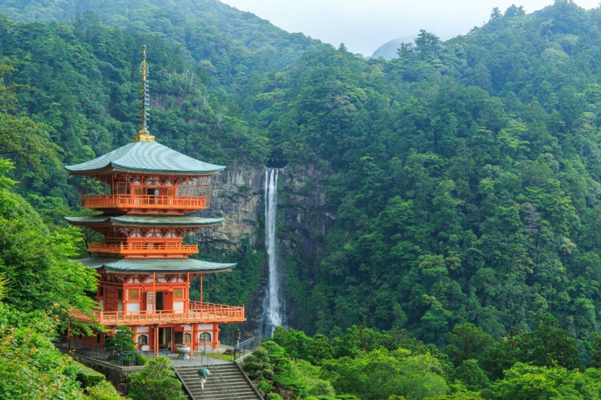 Seigantoji pagoda and Nachi Falls on the Kumano Kodo, a UNESCO pilgrimage route in Japan