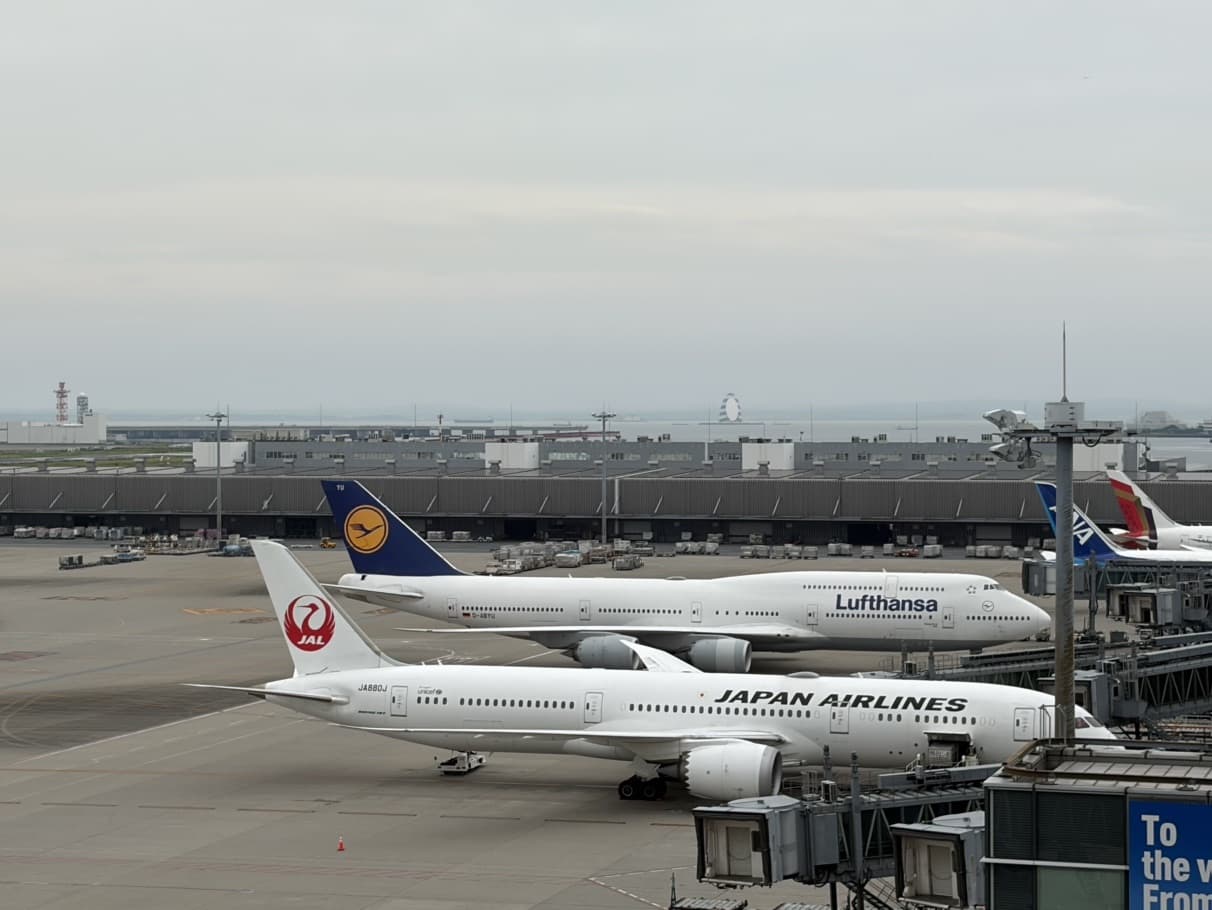 Japan Airlines and Lufthansa aircraft parked at the gates of Haneda Airport Terminal 3 with Tokyo Bay in the background