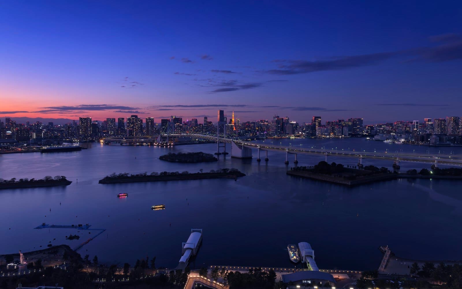 Tokyo Bay at dusk with the Rainbow Bridge lit and the city skyline behind it