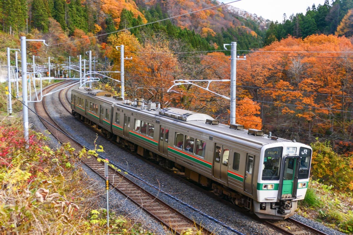 A JR Yamagata Line local train running through autumn foliage in Yamagata Prefecture, an ordinary local service of the kind covered by the Autumn Unlimited Ride Pass