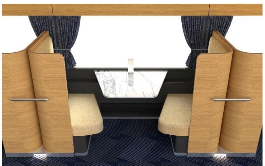 Rendering of a two-person table in the French Zen cars of Les Saveurs Shima, with curved wooden partitions, cream seats and a marble table by the window