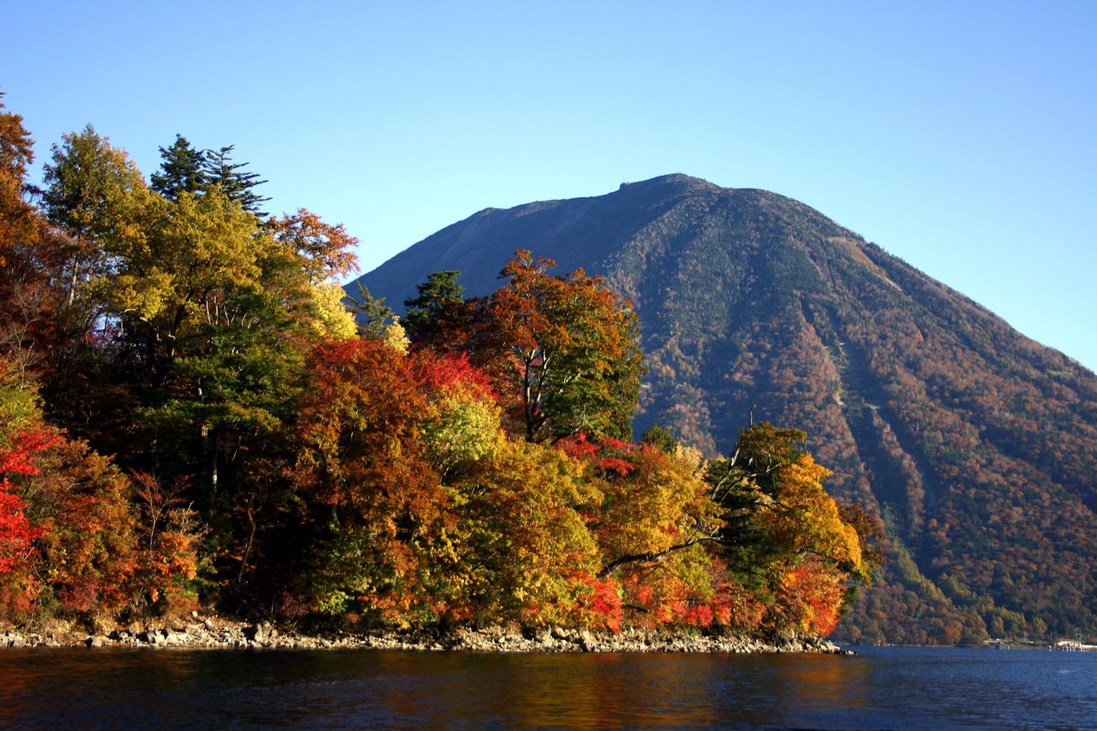 Autumn foliage along the shore of Lake Chuzenji with Mt Nantai rising behind, in Oku-Nikko