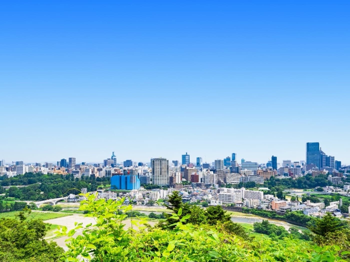 Sendai city skyline and the Hirose River valley seen from Aobayama, the City of Trees