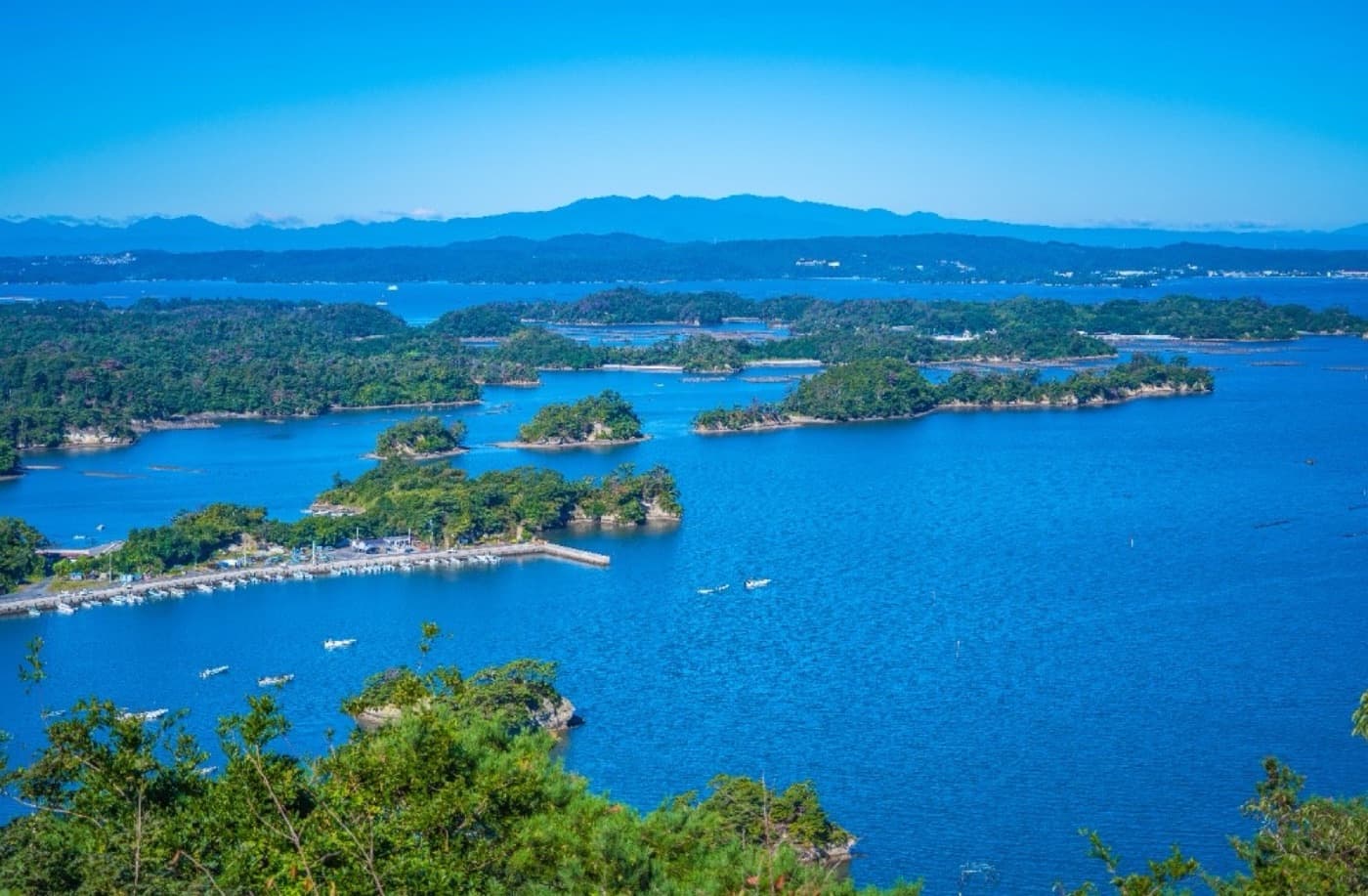 Pine-covered islands dotting Matsushima Bay, one of Japan's Three Scenic Views, Miyagi Prefecture