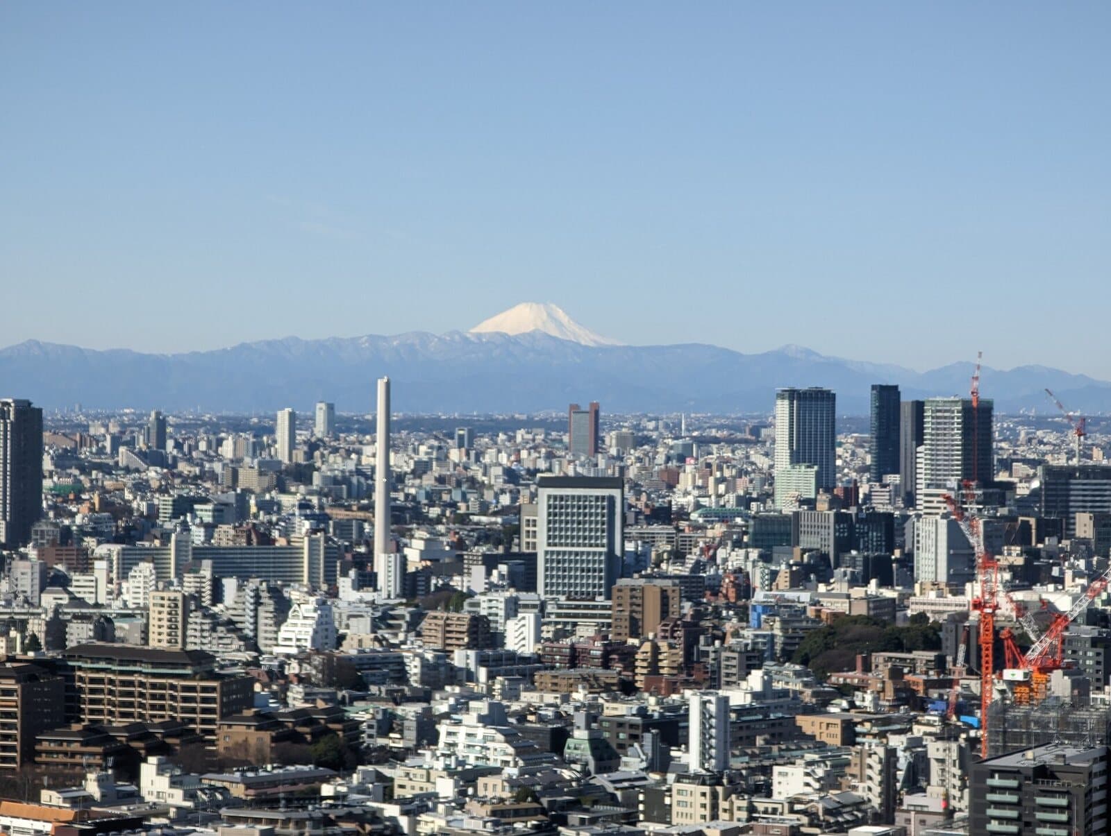 Shibuya's buildings in the foreground with the snow-capped cone of Mount Fuji on the horizon under a clear blue sky