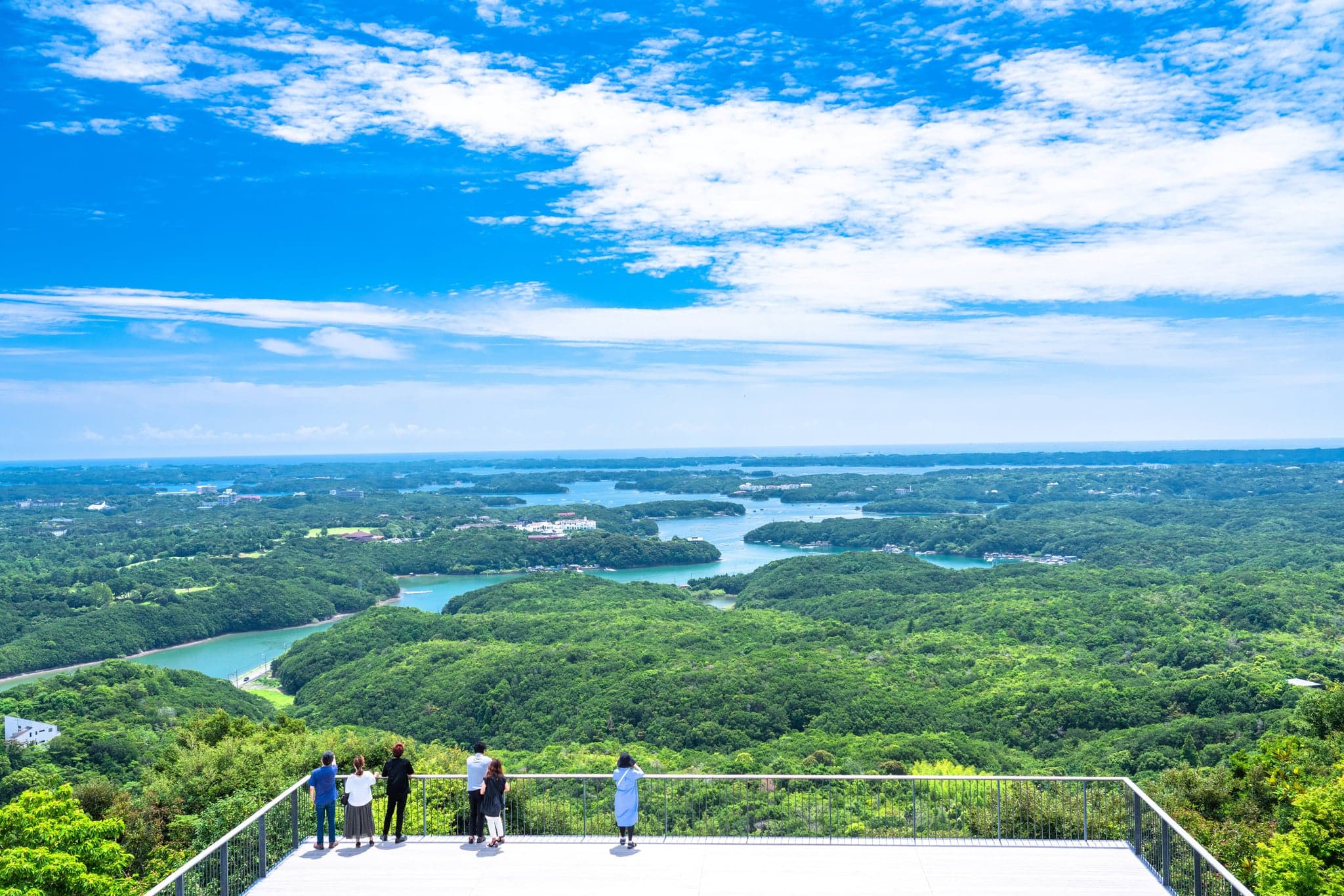 Ago Bay and its pearl-farm islands seen from the Yokoyama viewpoint on a clear summer day