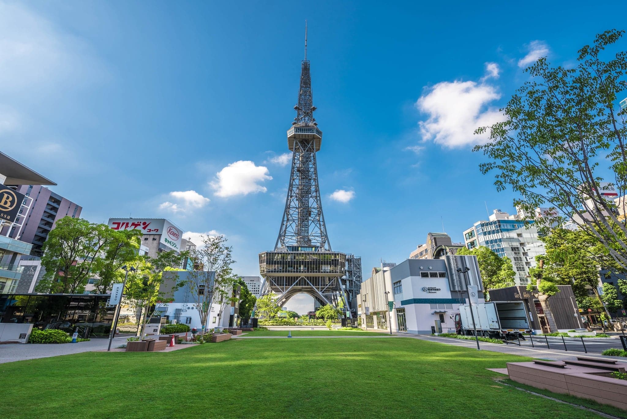 Mirai Tower, the former Nagoya TV Tower, standing above the lawns of Hisaya-odori Park