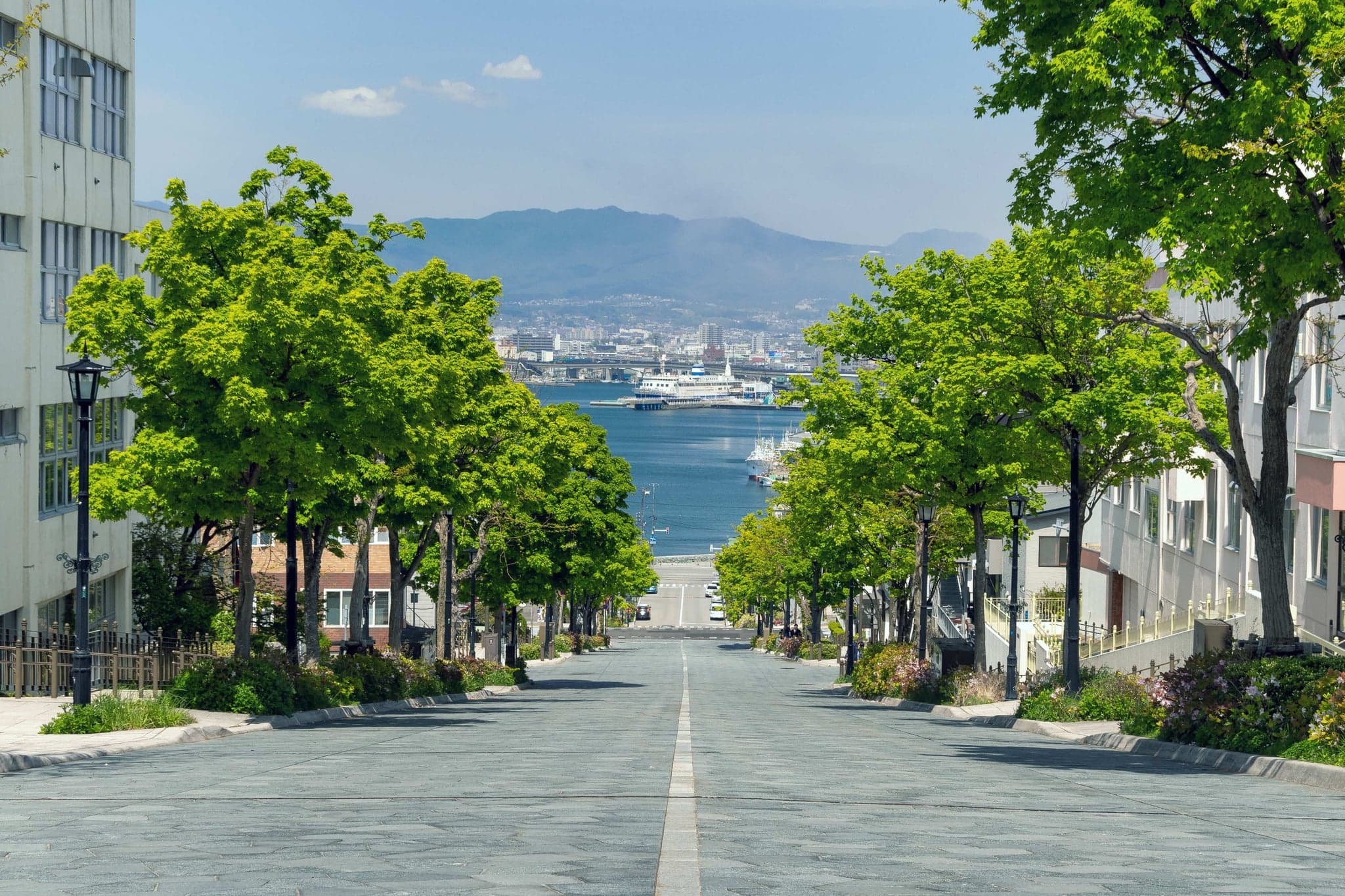 Tree-lined Hachiman-zaka slope in Hakodate looking down to the harbour