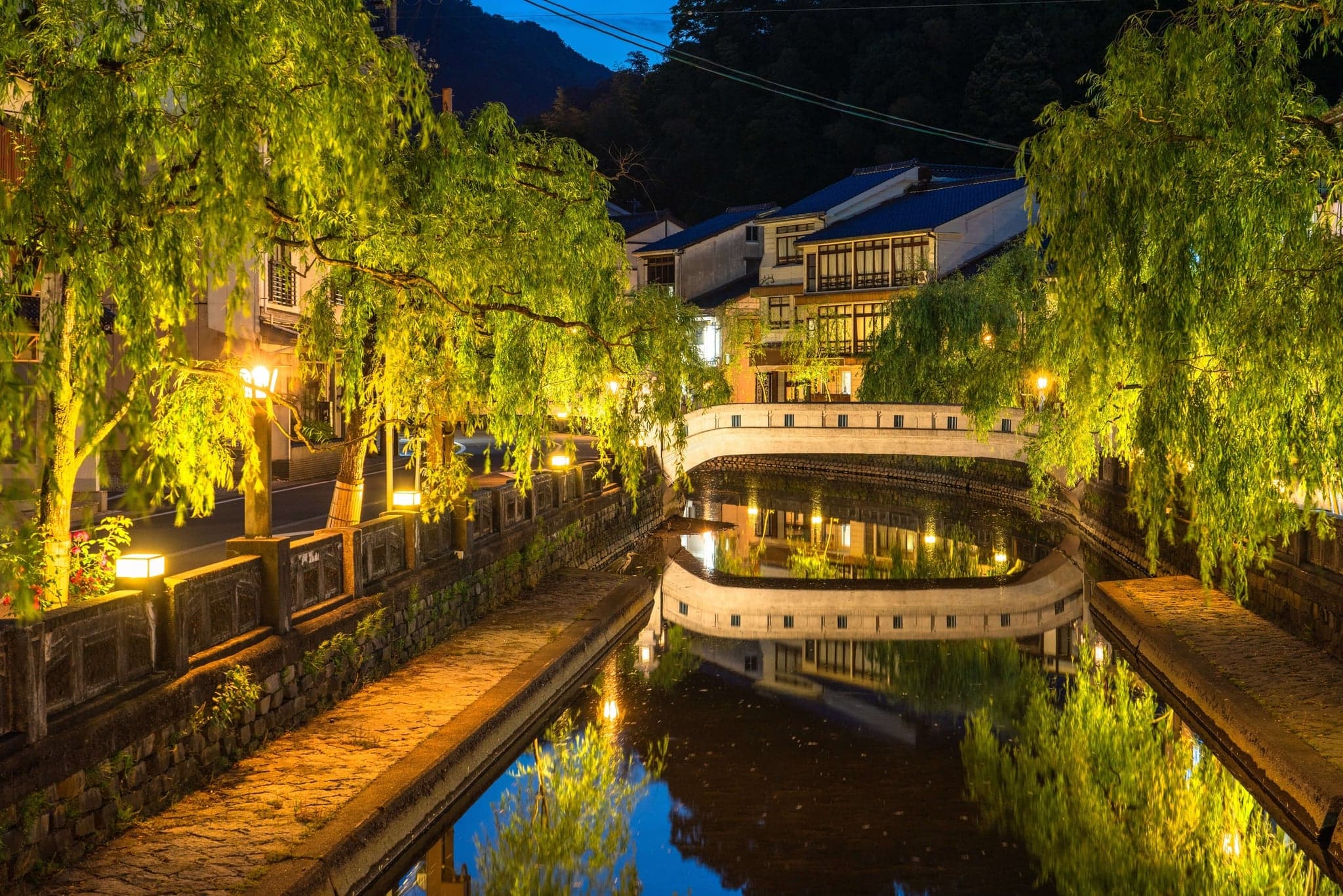 Kinosaki Onsen's willow-lined canal with a stone bridge and lit inns at dusk