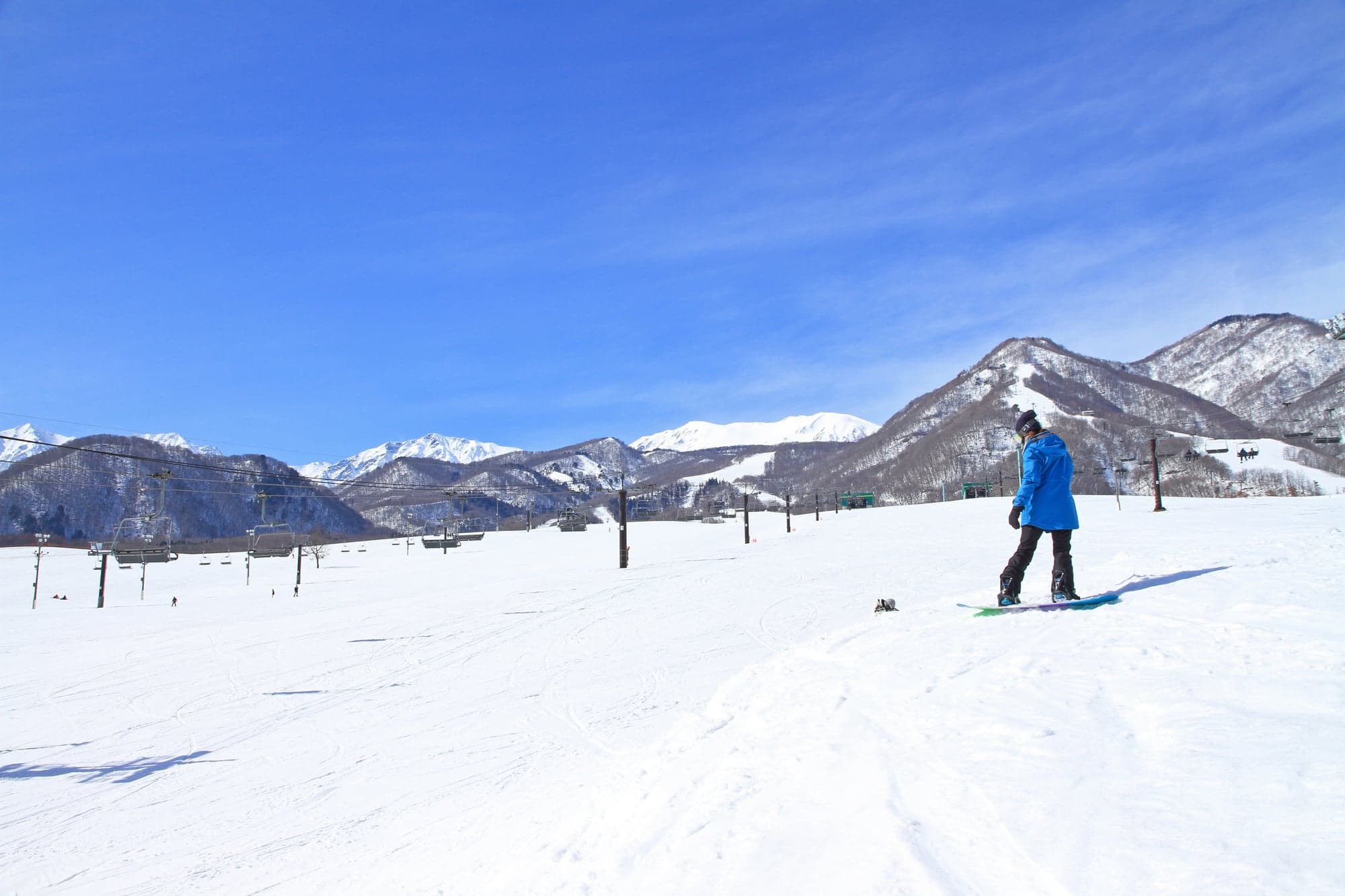 A snowboarder in a blue jacket standing on a sunny slope at Tsugaike, with snow-covered mountains behind