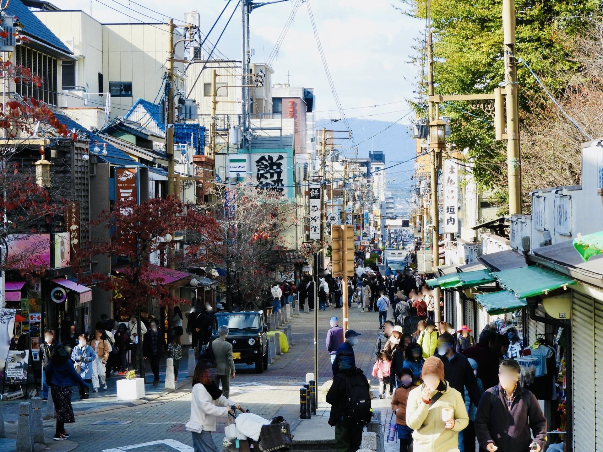 Shoppers on a busy street lined with shops and autumn trees in central Nara