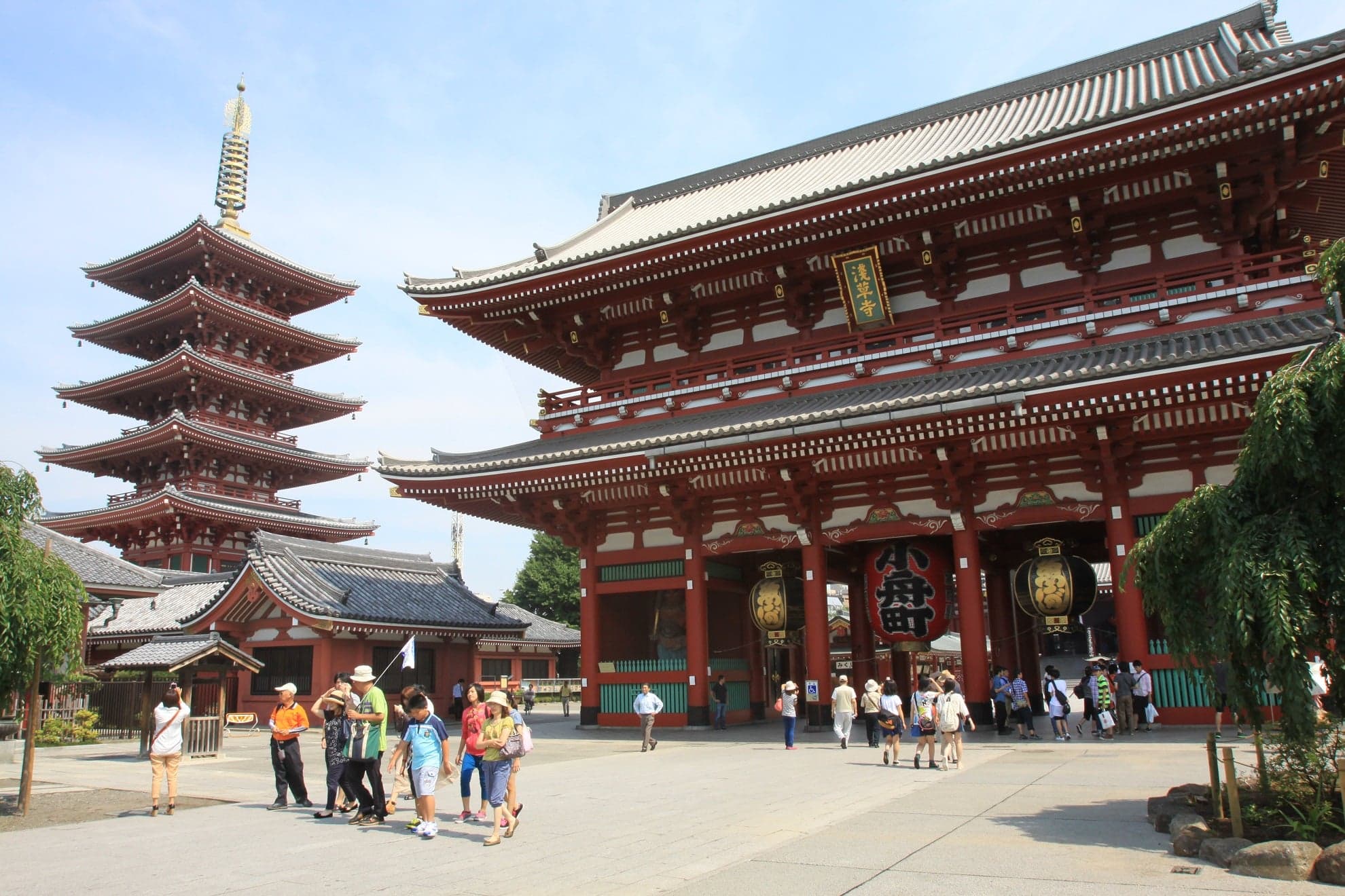 The red Hozomon gate and five-story pagoda of Senso-ji with visitors in the courtyard
