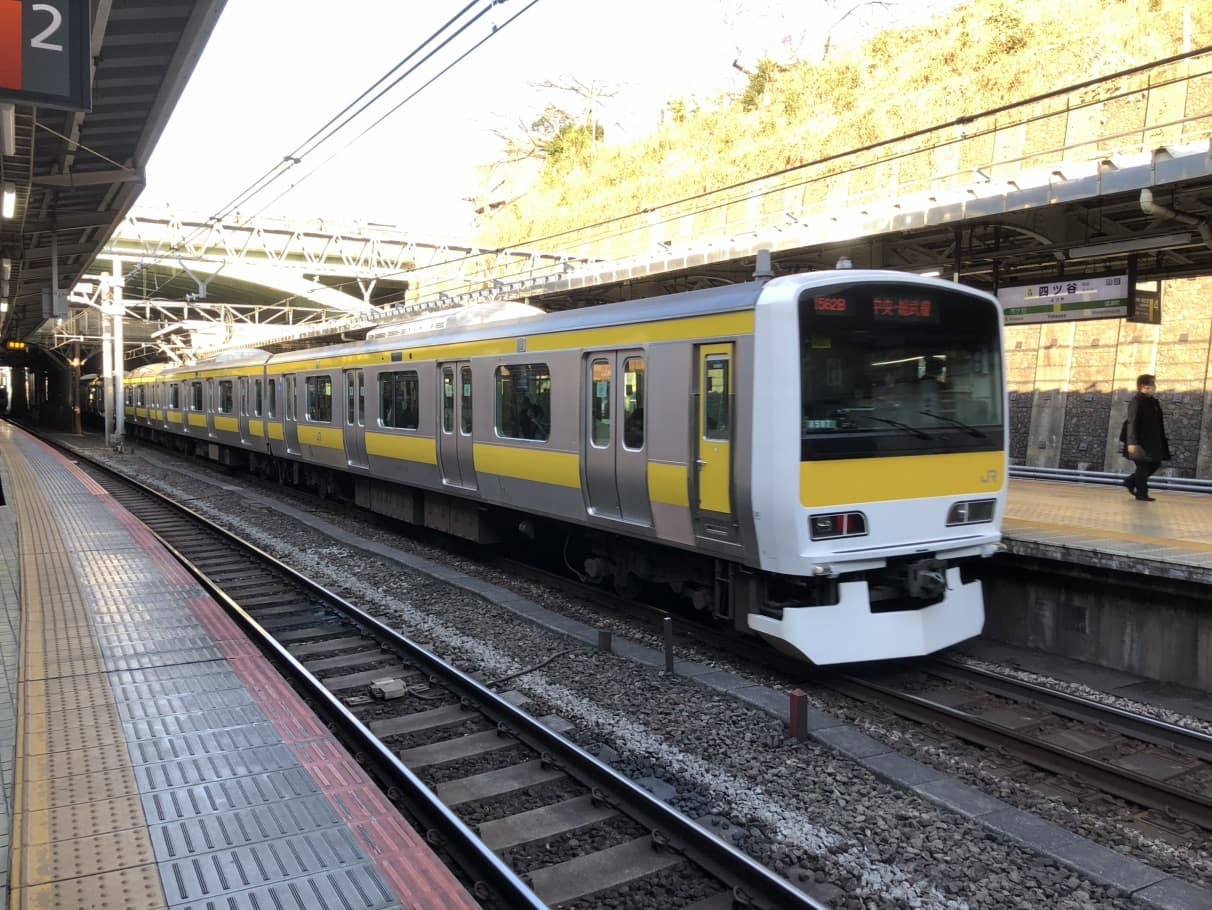 A JR Chuo-Sobu local train at Yotsuya Station in Tokyo — a conventional line of the kind where magnetic short-distance tickets are being replaced by QR code tickets