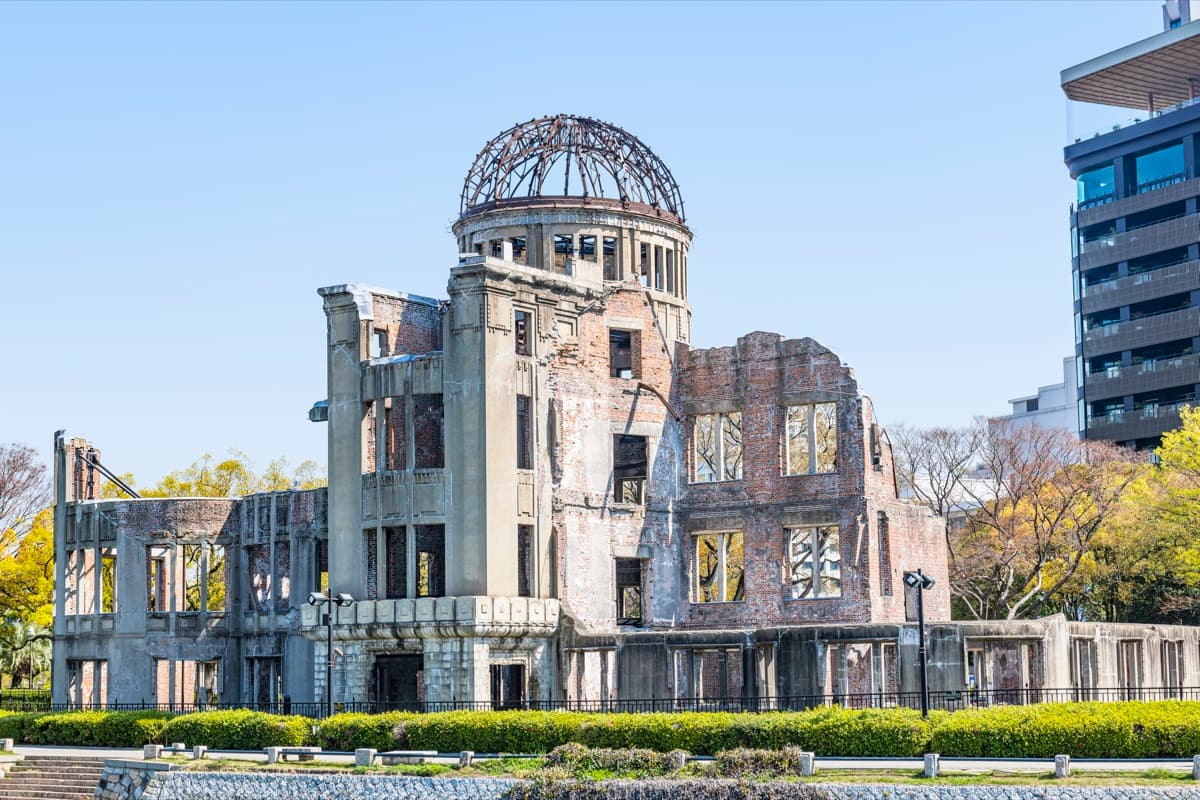 The Atomic Bomb Dome in Hiroshima’s Peace Memorial Park, its skeletal dome and ruined walls against a clear sky