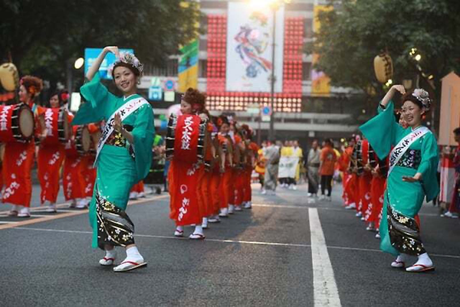 Morioka Sansa Odori dancers in colorful kimono performing in the street