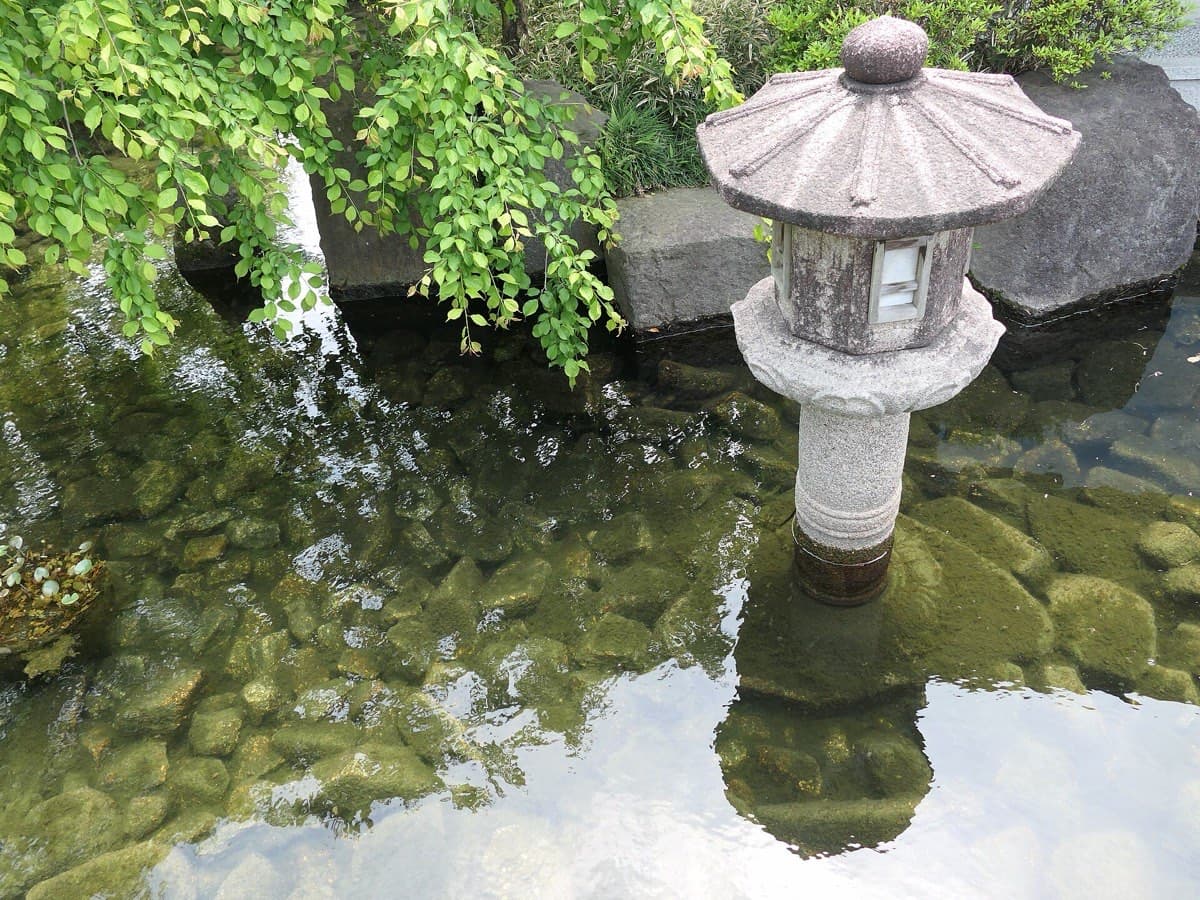 A stone lantern standing in a clear pond at Tokugawa-en garden, with green maple leaves hanging over the water