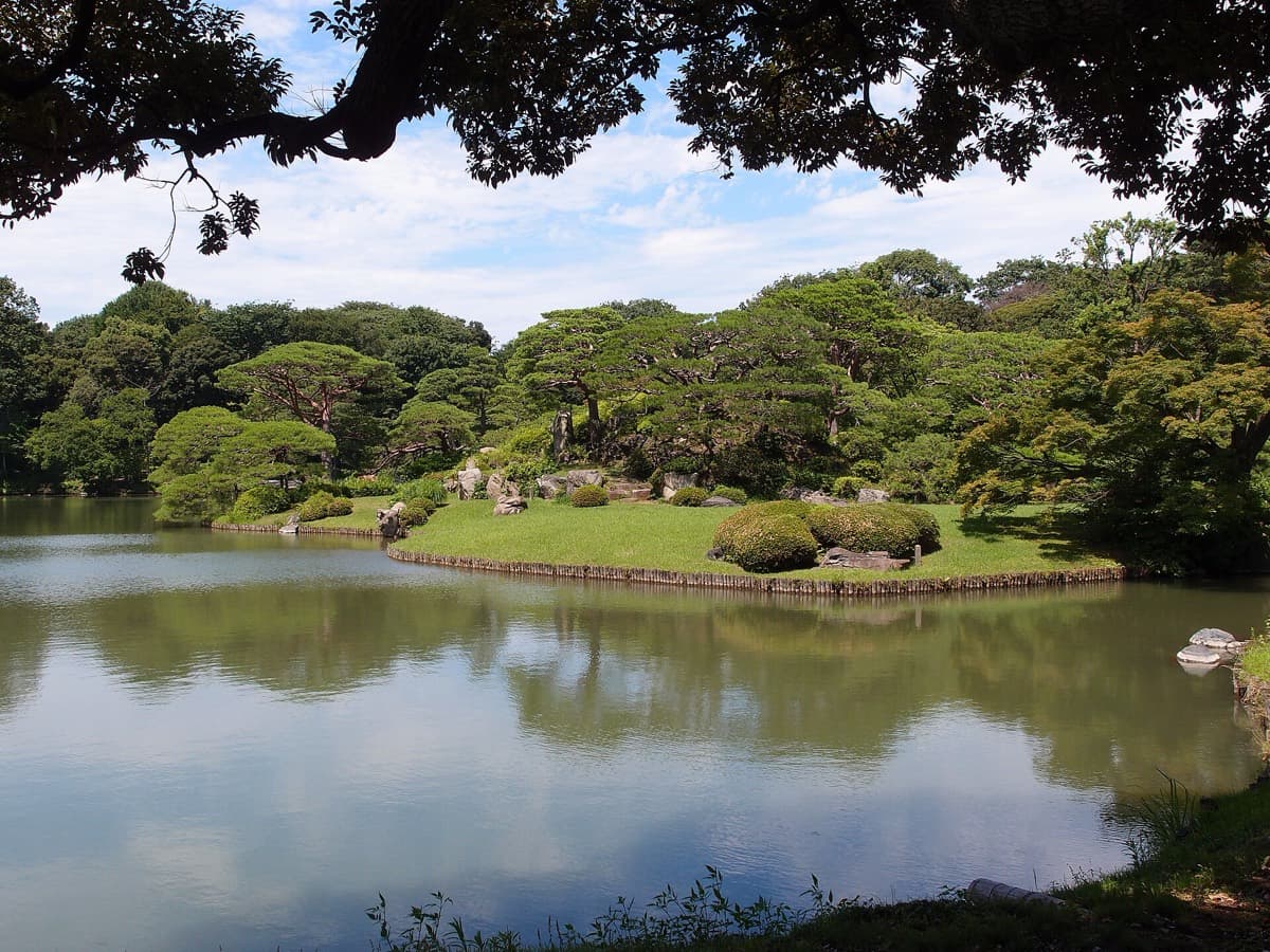 A calm pond with a small wooded island and pine trees at Rikugien garden