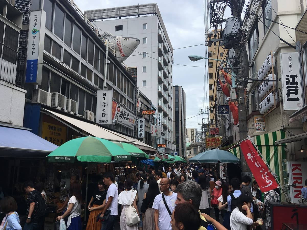 Crowds of visitors in a narrow lane of food stalls at the Tsukiji Outer Market