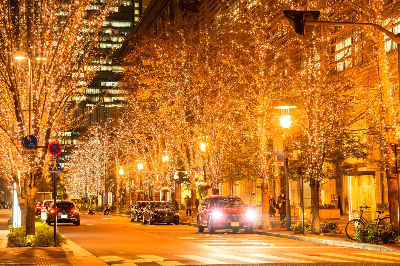 Goldene Lichter in den Straßenbäumen der Marunouchi Naka-dori bei Nacht