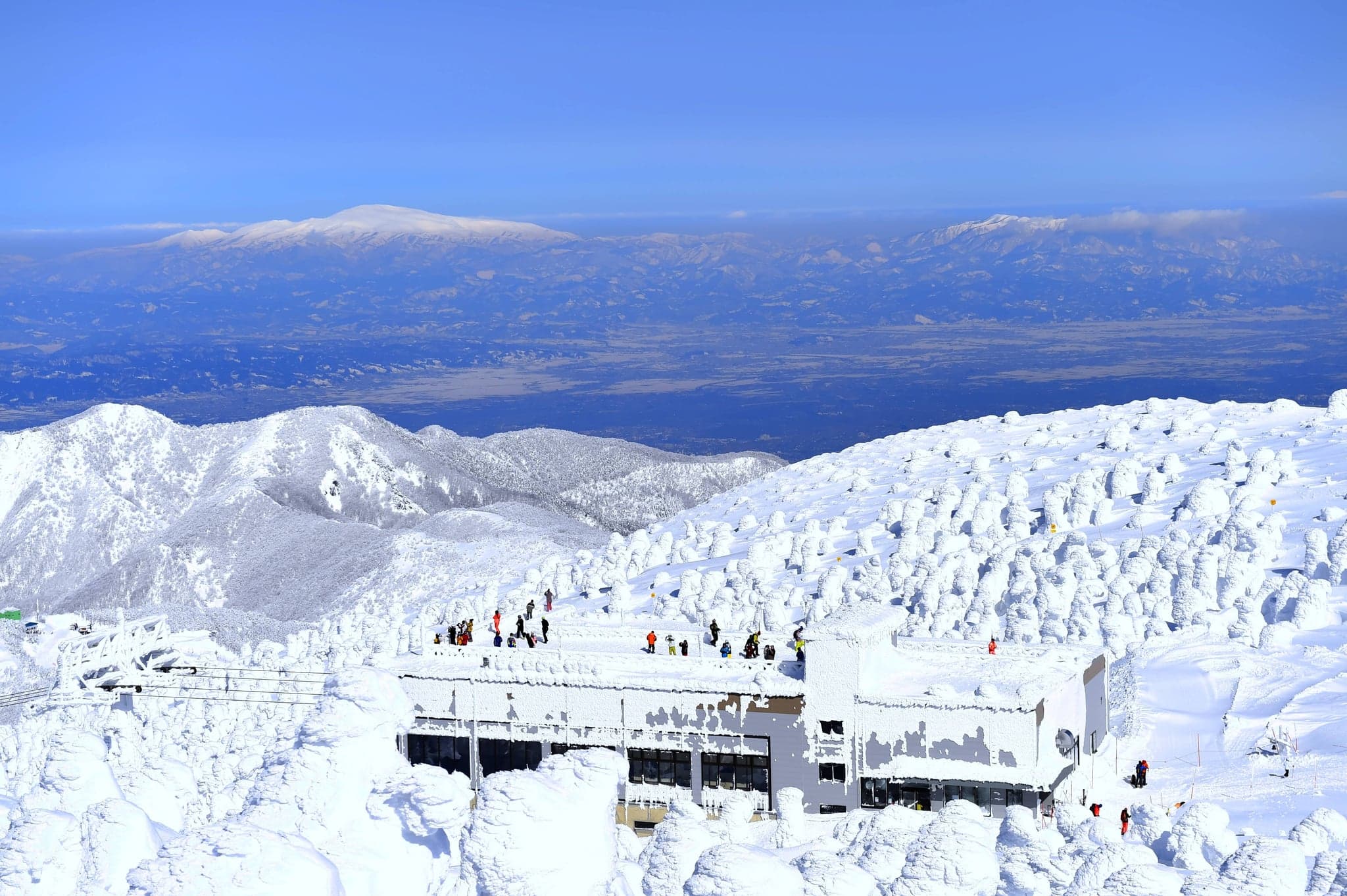 Frost-covered juhyo snow monsters surrounding the summit station at Zao Onsen