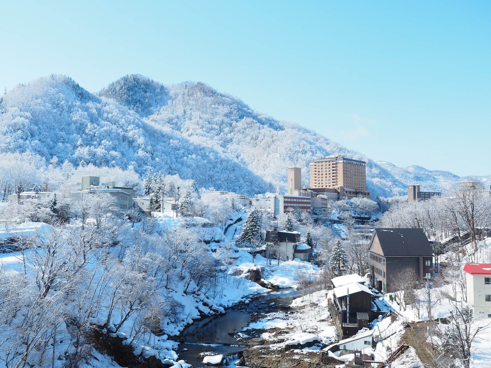 Jozankei Onsen and the surrounding hills covered in snow on a clear day