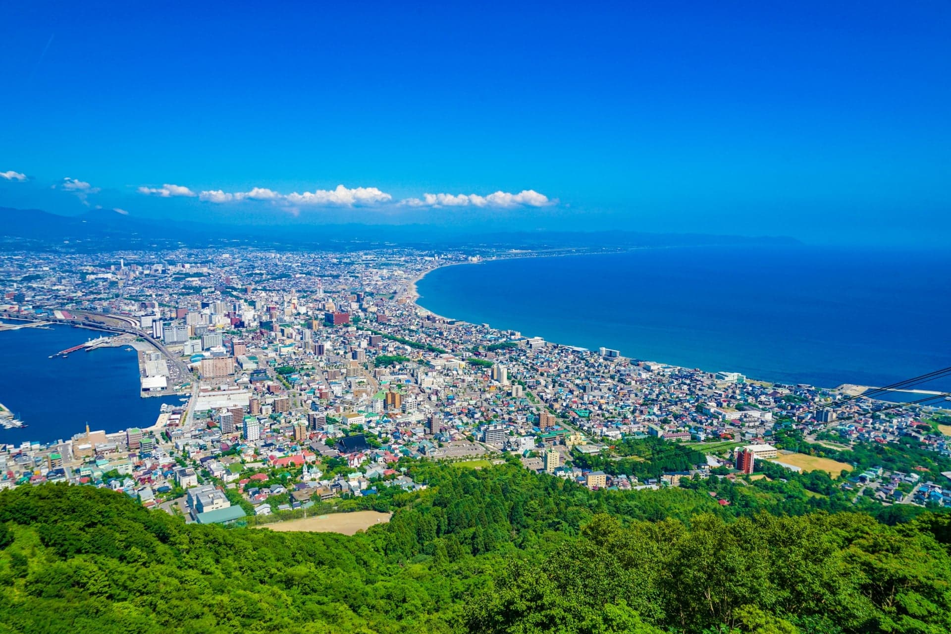 The city of Hakodate spread across a narrow neck of land between two bays, seen from Mount Hakodate under a blue sky