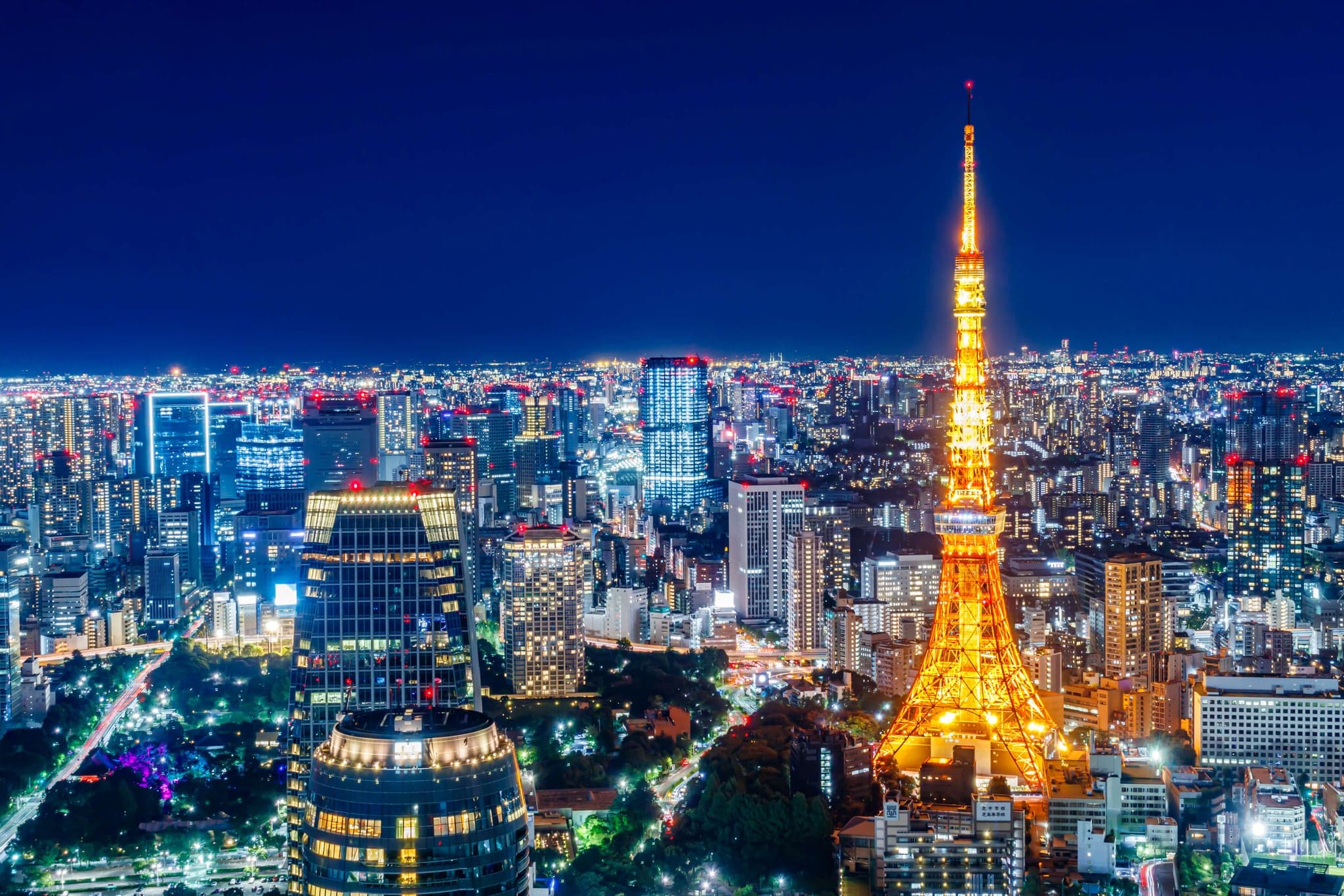 Tokyo Tower glowing orange among the lit-up office towers of central Tokyo at night